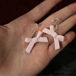 Handmade Cute Pink Bow Bead Pendant Silver Earrings